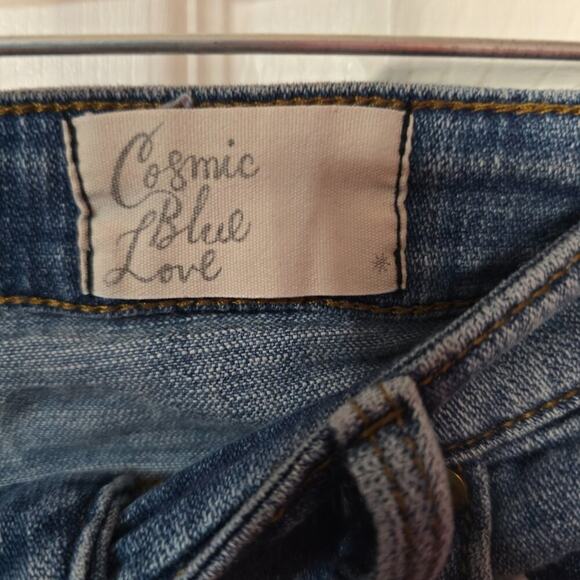Cosmic Blue Love Mid Rise Skinny Distressed Jeans Y2K Size 32 - Picture 5 of 9
